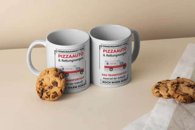 Gemeinsamkeiten von Pizzaauto & Rettungswagen – Lustige Tasse für Rettungsdienst-Helden!